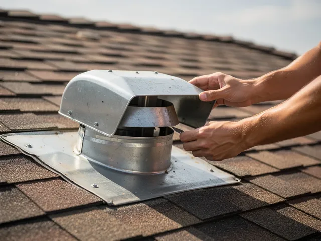 Loma Linda Dryer Vent Cleaning certified technician safely cleaning a roof-mounted dryer vent in Loma Linda
