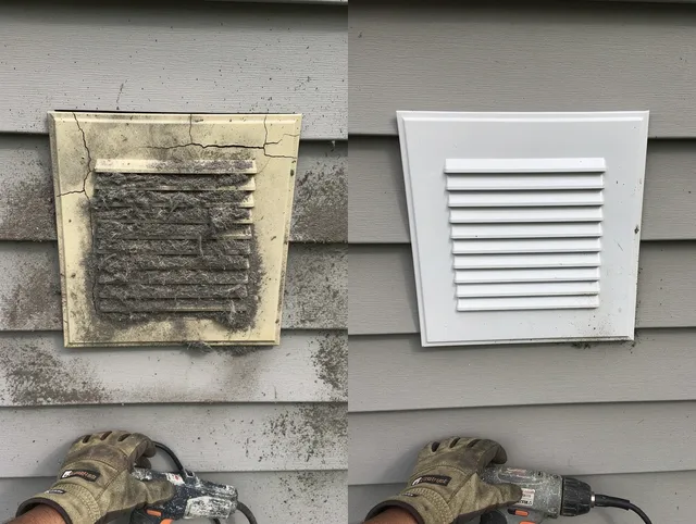 Loma Linda Dryer Vent Cleaning technician installing high-quality dryer vent cover at a residential property in Loma Linda