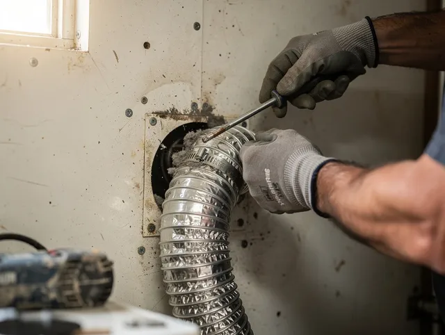 Loma Linda Dryer Vent Cleaning technician performing precise dryer vent hose installation in Loma Linda